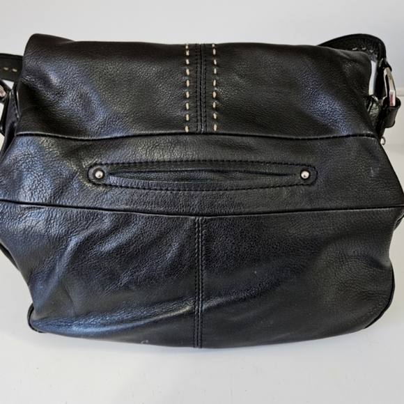 B. Makowsky Black Leather Contrast Stitching Top Flap Hobo Shoulder Bag - Picture 2 of 10